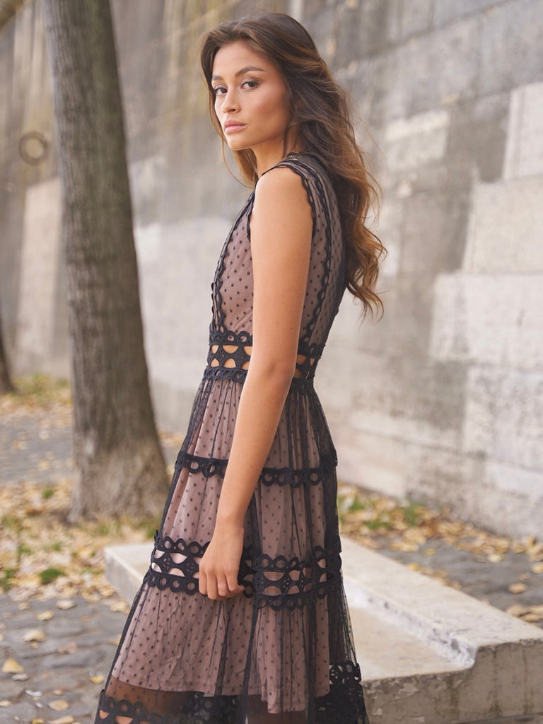 Ellie Long Lace,  Black and Nude Dress with deep V-neckline and cut-out waist.