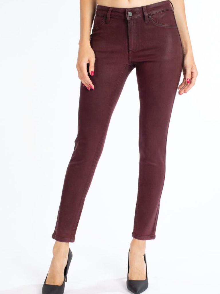 Burgundy Colour Coated high-rise super skinny jeans, with fake front pockets, and single-button front closure, zip-fly.