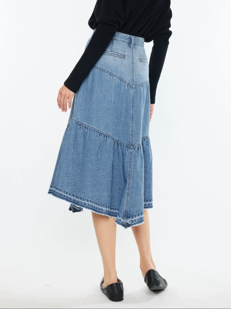  Medium Wash colour, Ruffle Denim Skirt with a  5-pocket style and rigid stretch flowy skirt bottom , which provides comfort and flirty flare.