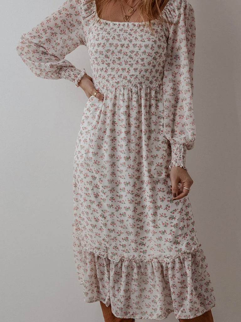 Long Sleeve Smocked  Top Floral Dress, with Square Neckline and Ruffled Hem.