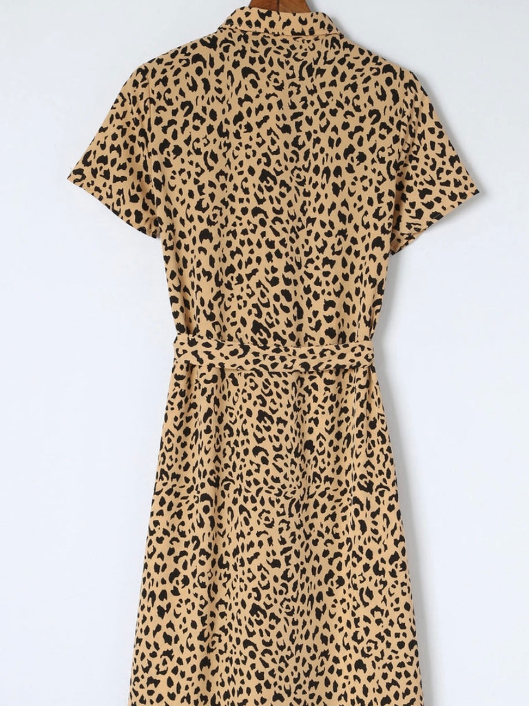  Leopard Print ,lightweight and comfortable shirt dress features a turn-down collar, short sleeves, waist tie, and button closure.