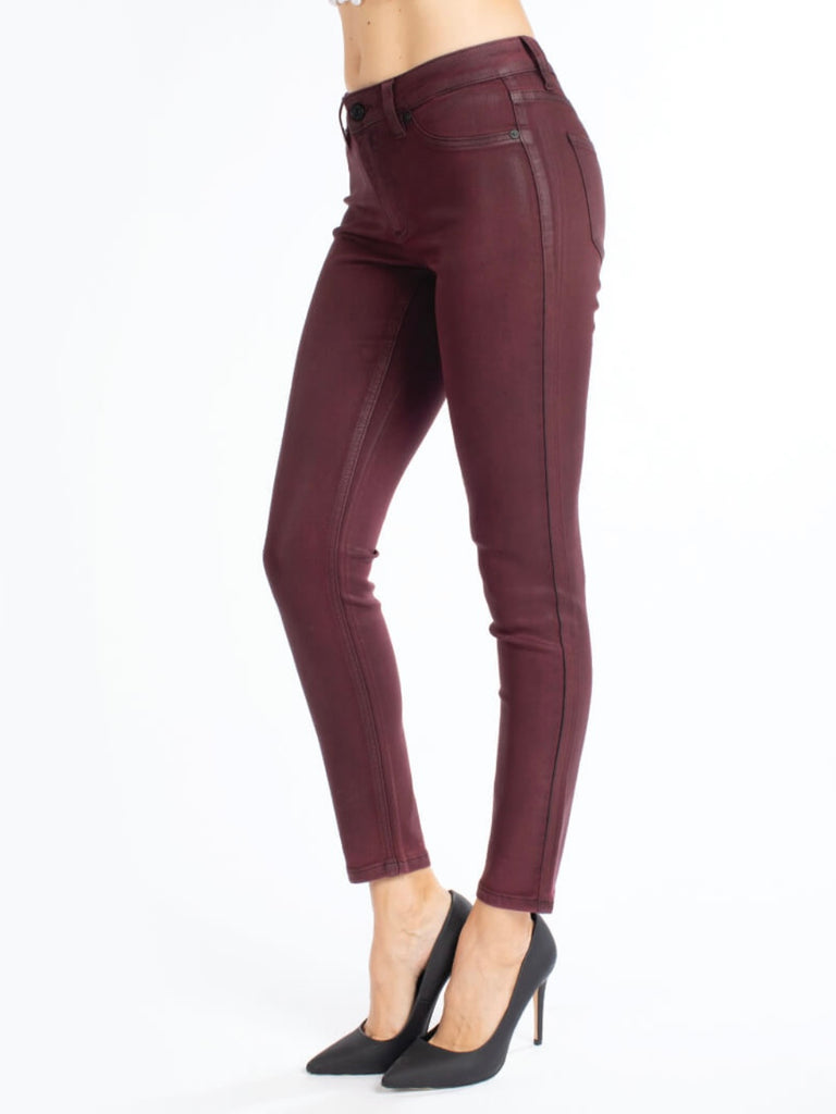 Burgundy Colour Coated high-rise super skinny jeans, with fake front pockets, and single-button front closure, zip-fly.