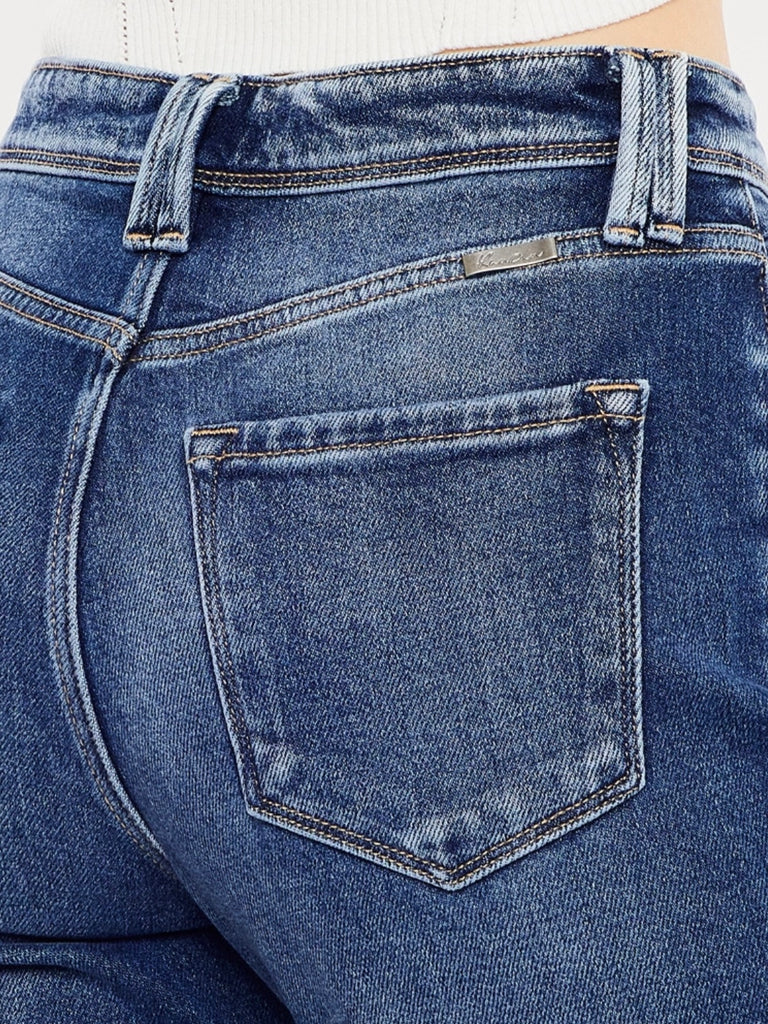 High Rise Faded Flare Jeans, Features a classic five-pocket design, single-button front, and zip-fly closure.