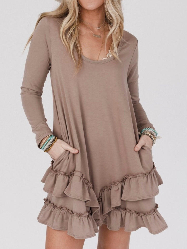 Tan colour Mini Dress, with scoop neck, and tiered ruffled hem, and side pocket. 