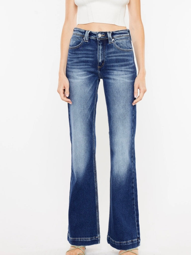 High Rise Faded Flare Jeans, Features a classic five-pocket design, single-button front, and zip-fly closure.