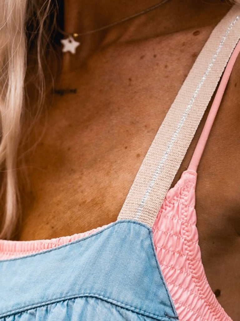 Blue Chambray Dress, featuring convenient pockets with contrast colour straps add a touch of glitter.