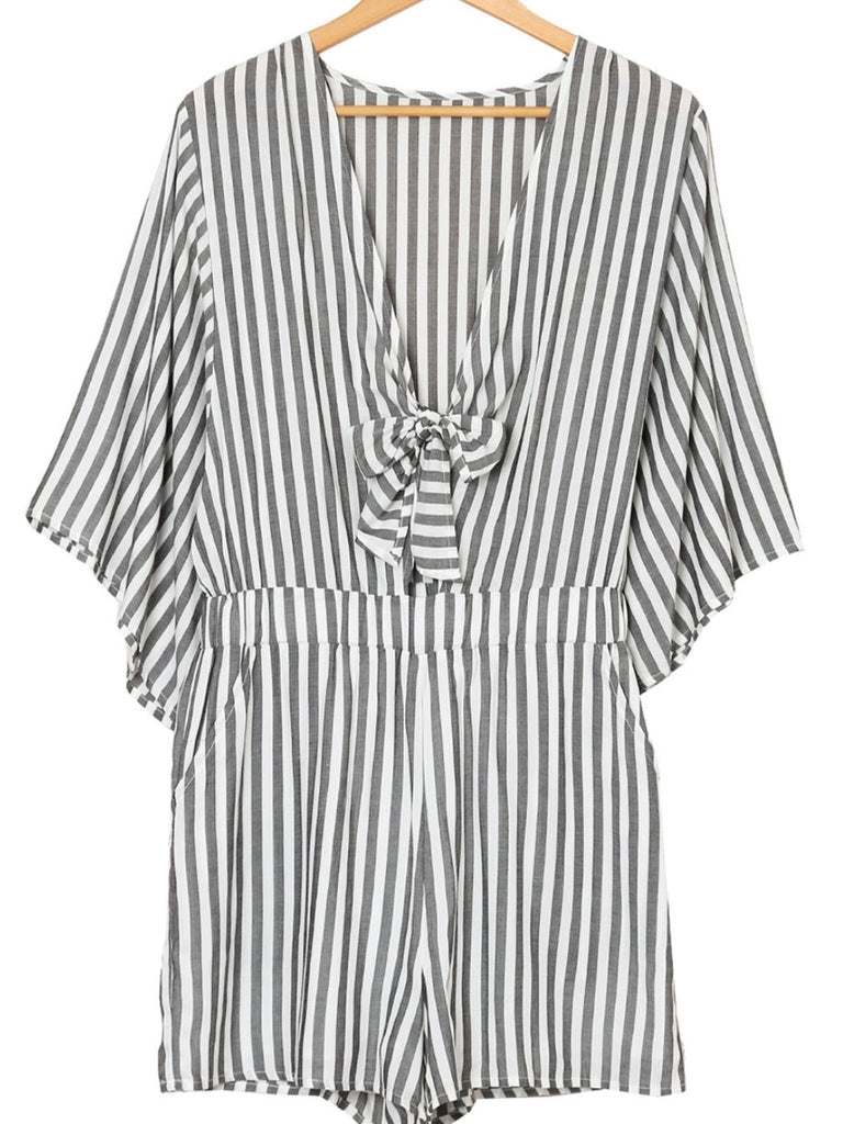 Stripe Romper boasts 3/4 kimono sleeves and a trendy striped with a tie front .