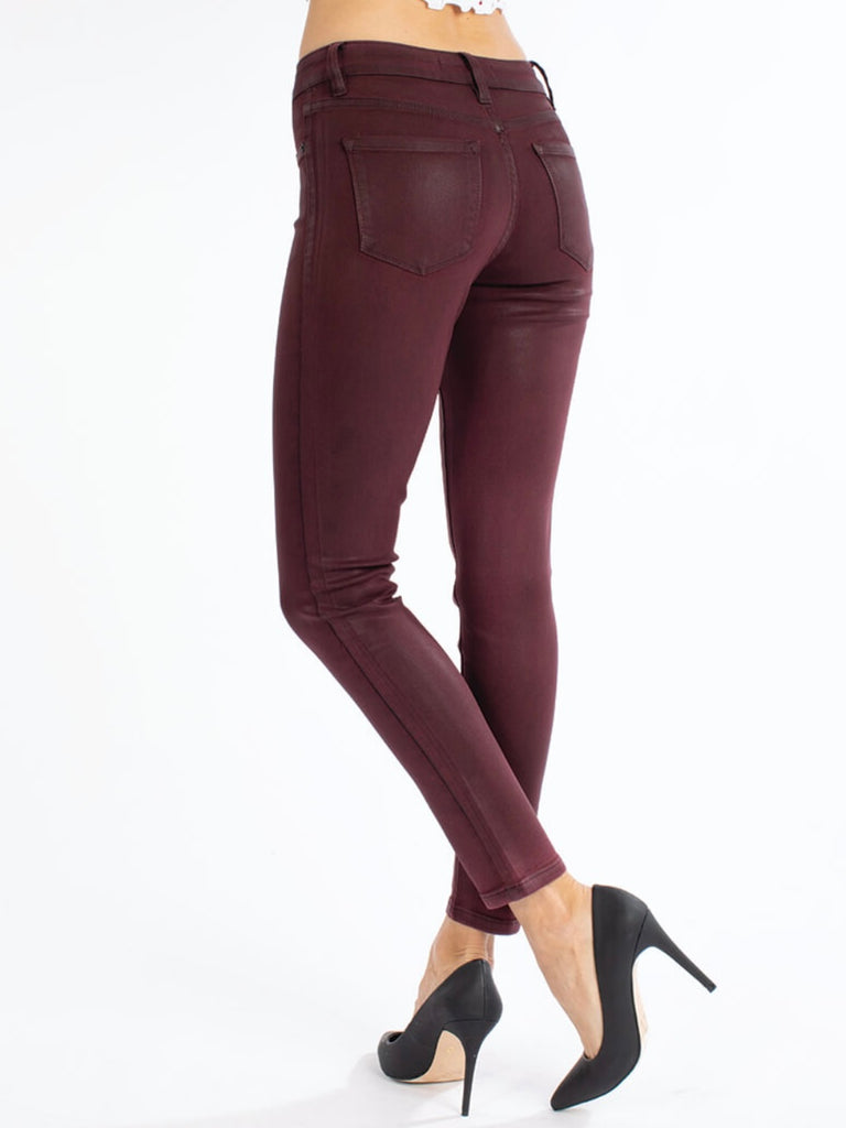 Burgundy Colour Coated high-rise super skinny jeans, with fake front pockets, and single-button front closure, zip-fly.