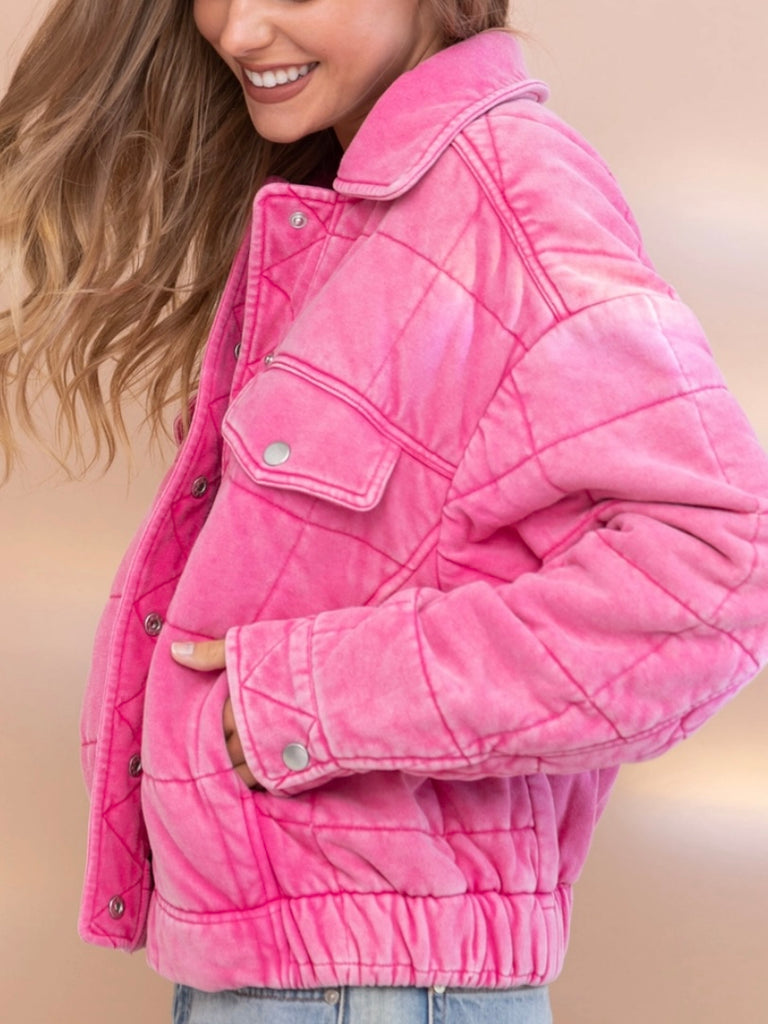 Pink Stone Washed Quilted Jacket! With a playful oversized fit and snap close.