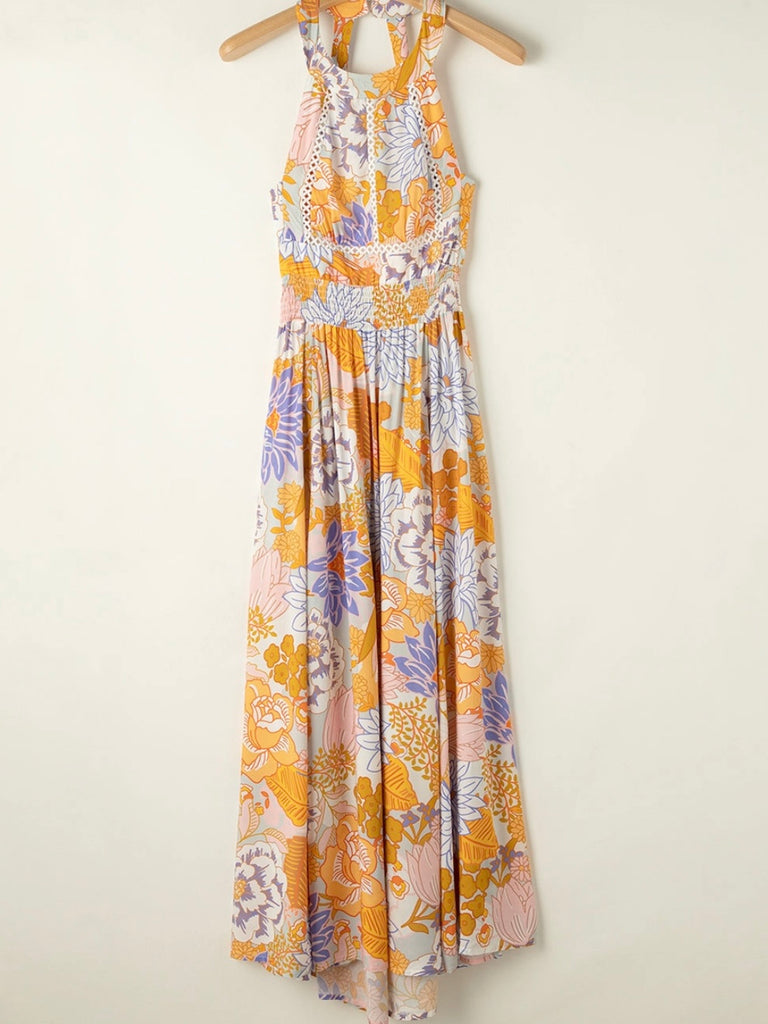 Floral print and sleeveless halter style tie, open back, maxi dress.