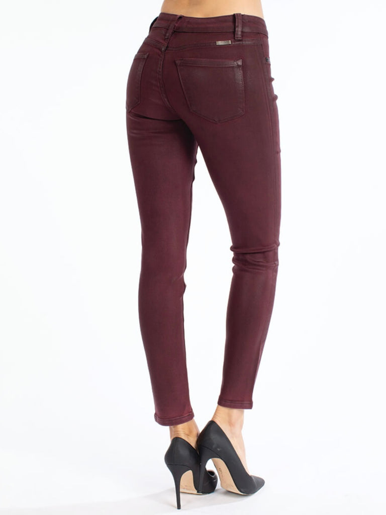  Burgundy Colour Coated high-rise super skinny jeans, with fake front pockets, and single-button front closure, zip-fly.