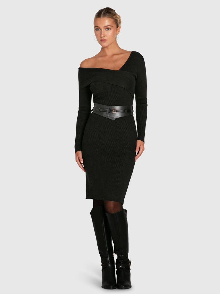 Solid Black Knit  Dress , made from a warm and soft ribbed knit material, this dress features an asymmetrical off-shoulder folded neckline ,and a figure-hugging silhouette in a classic knee length .