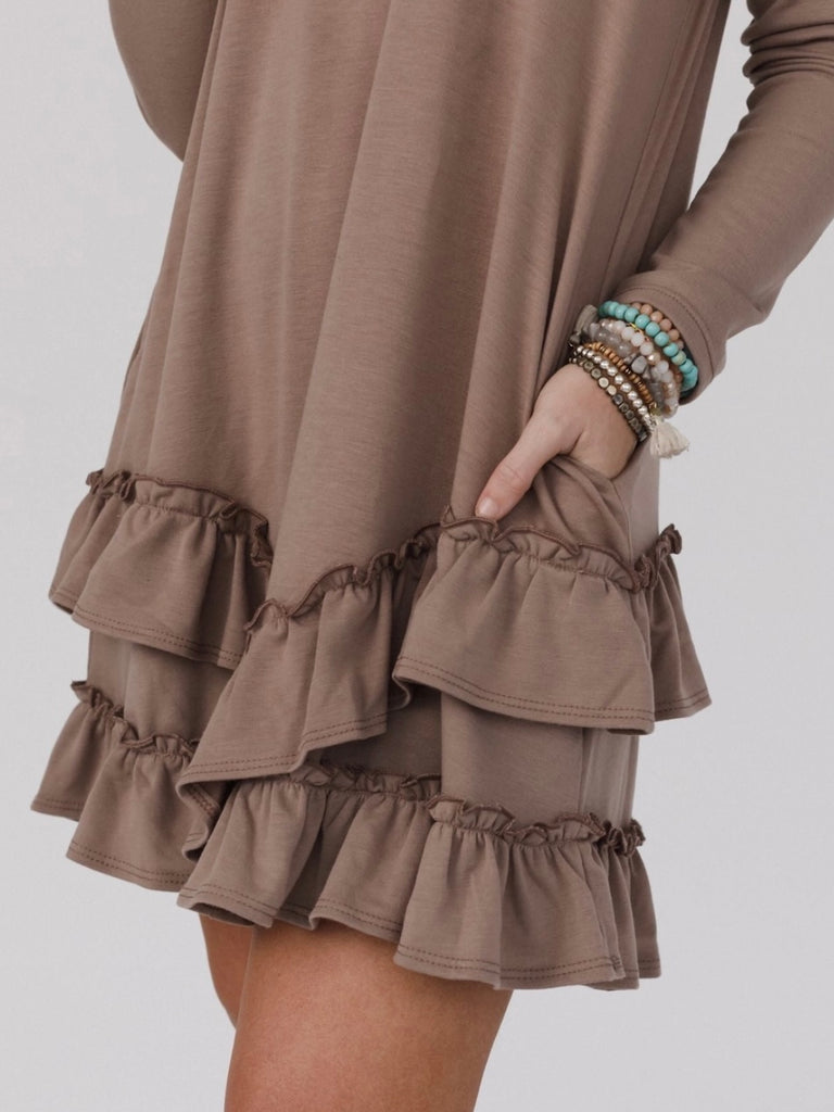 Tan colour Mini Dress, with scoop neck, and tiered ruffled hem, and side pocket. 