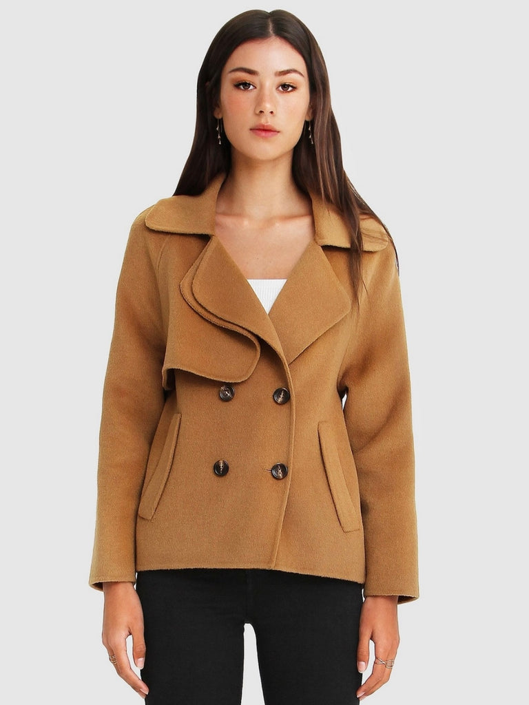 Khaki Wool Blend Peacoat, featuring Oversized, cropped fit with large notch lapels, Double-breasted with flap side pockets and , eye-catching novelty buttons. 