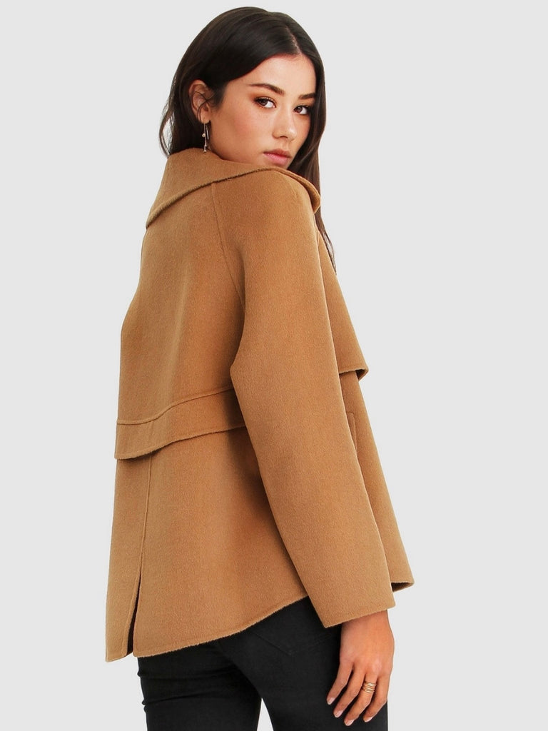 Khaki Wool Blend Peacoat, featuring Oversized, cropped fit with large notch lapels, Double-breasted with flap side pockets and , eye-catching novelty buttons. 