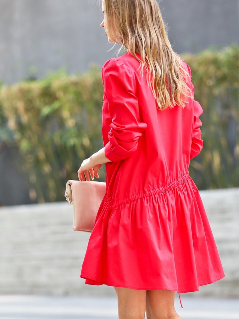 Cherry red dress ,with drawstring waist, puff sleeves, and button-up design.