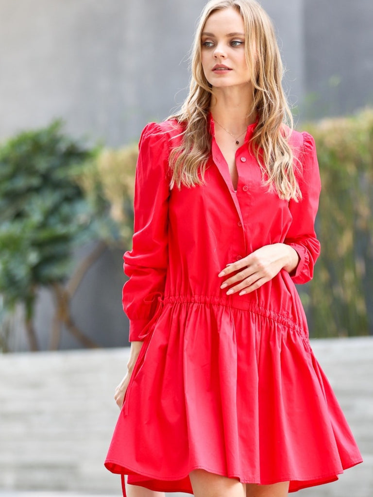 Cherry red dress ,with drawstring waist, puff sleeves, and button-up design.