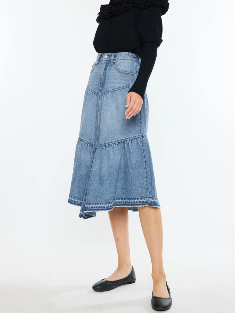  Medium Wash colour, Ruffle Denim Skirt with a  5-pocket style and rigid stretch flowy skirt bottom , which provides comfort and flirty flare.