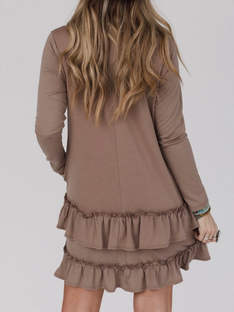 Tan colour Mini Dress, with scoop neck, and tiered ruffled hem, and side pocket. 