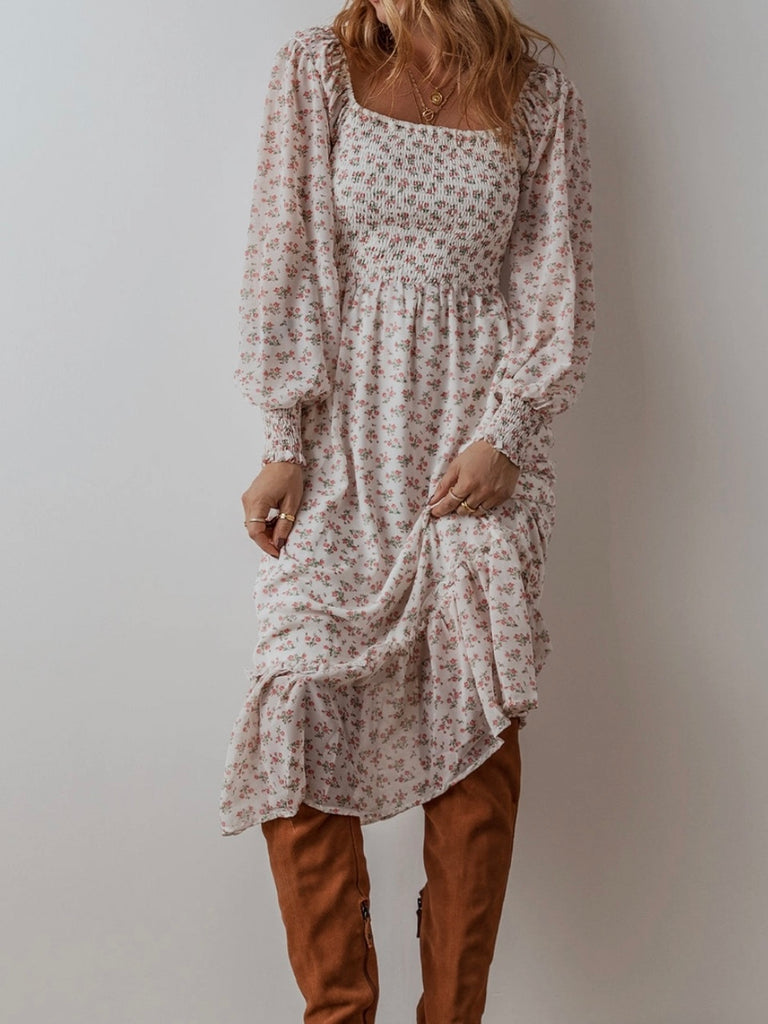 Long Sleeve Smocked  Top Floral Dress, with Square Neckline and Ruffled Hem.