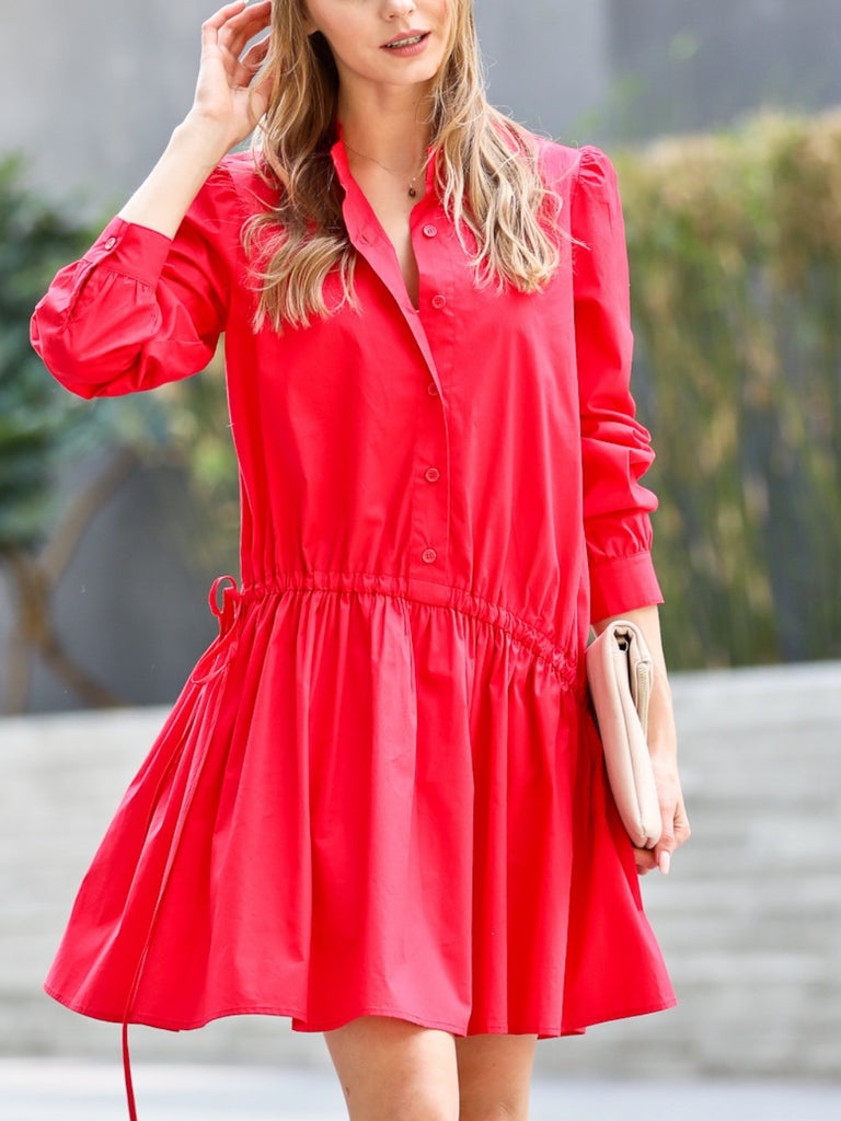 Cherry red dress ,with drawstring waist, puff sleeves, and button-up design.