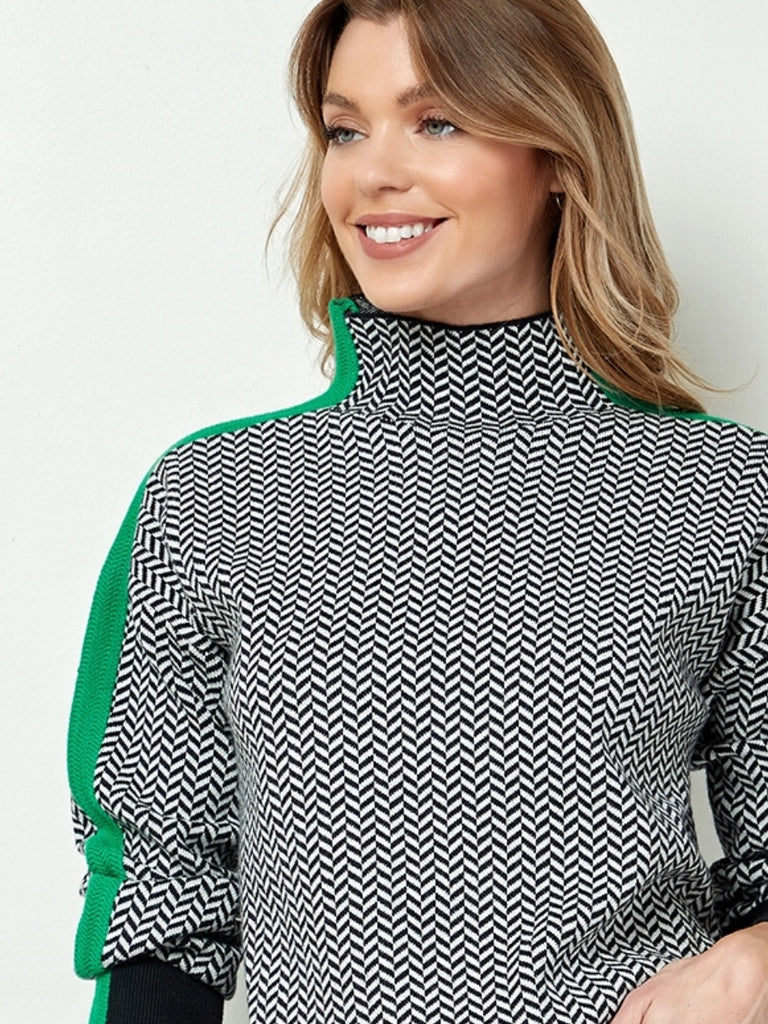  Turtleneck Sweater with Bold Green Racing Stripe down the sleeve and Black and White Herringbone print.