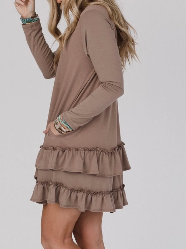 Tan colour Mini Dress, with scoop neck, and tiered ruffled hem, and side pocket. 