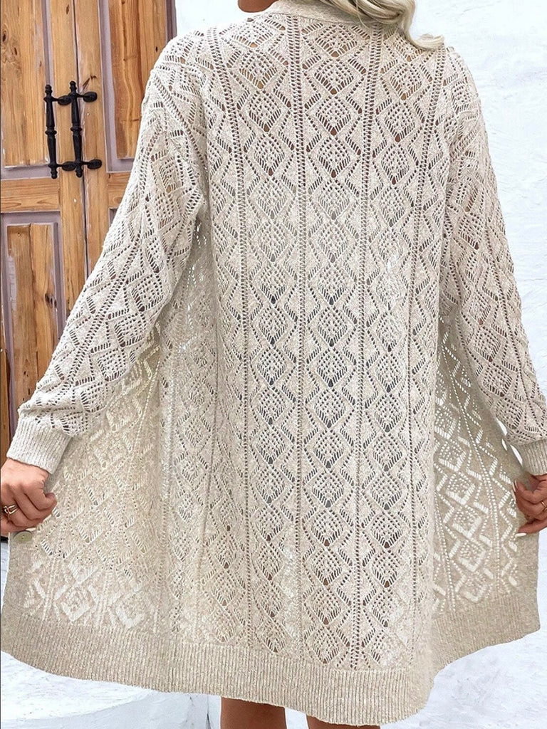 Long Cozy V-Neck, Loose  Knit  Button up ,Cardigan, in Neutral Parchment Color with an Intricate Knit Design.