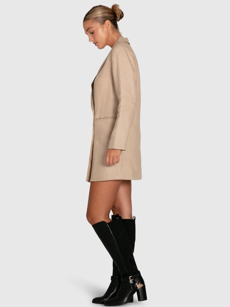 Oversized fit blazer dress in linen can be worn on its own over a mini slip dress or as a jacket with jeans and a crop top