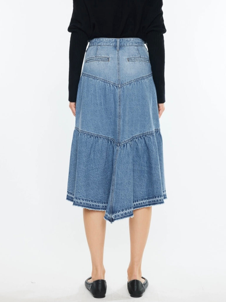  Medium Wash colour, Ruffle Denim Skirt with a  5-pocket style and rigid stretch flowy skirt bottom , which provides comfort and flirty flare.