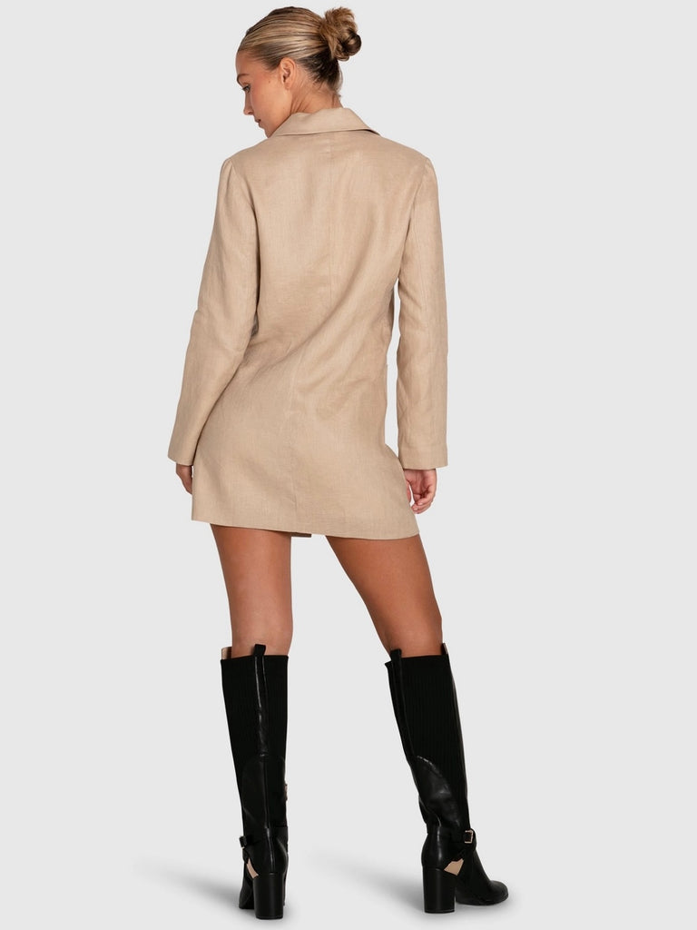 Oversized fit blazer dress in linen can be worn on its own over a mini slip dress or as a jacket with jeans and a crop top