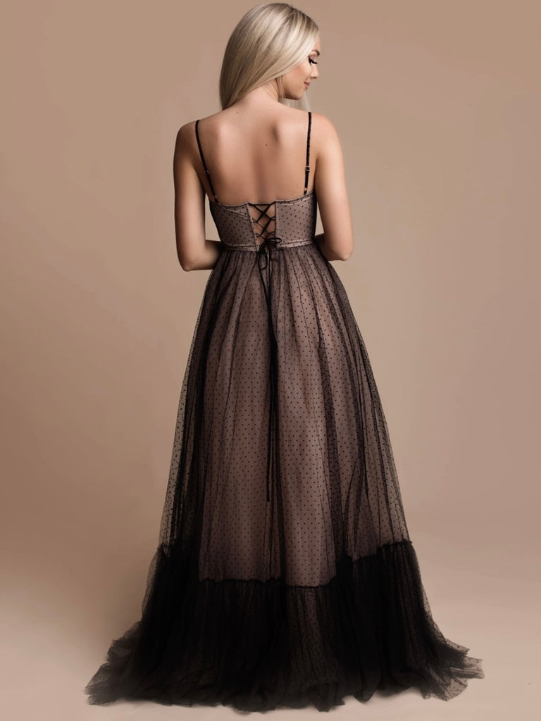 Maxi length Gown with Navy tulle overlay over nude fabric, features Corset-style top tie-up back for a customizable fit, and a long transparent veil adds a touch of allure.