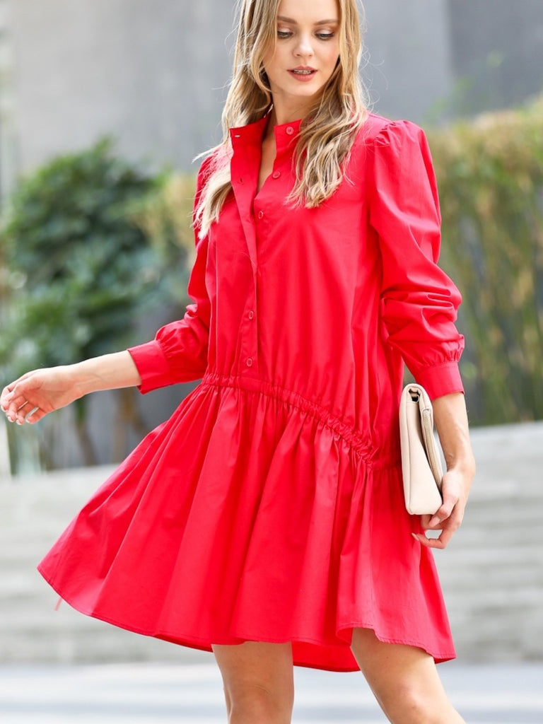 Cherry red dress ,with drawstring waist, puff sleeves, and button-up design.