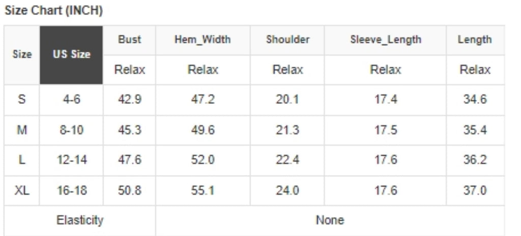 The Mandarin Shirt Dress Size Chart