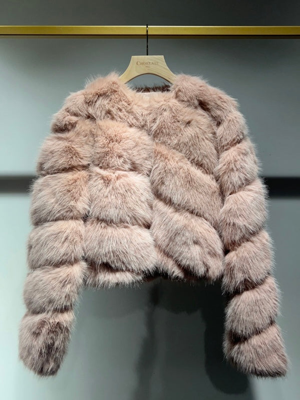 Pink, Short faux- fur jacket features soft faux fur with a sleek, diagonal seam , and front button closure for easy fastening. 