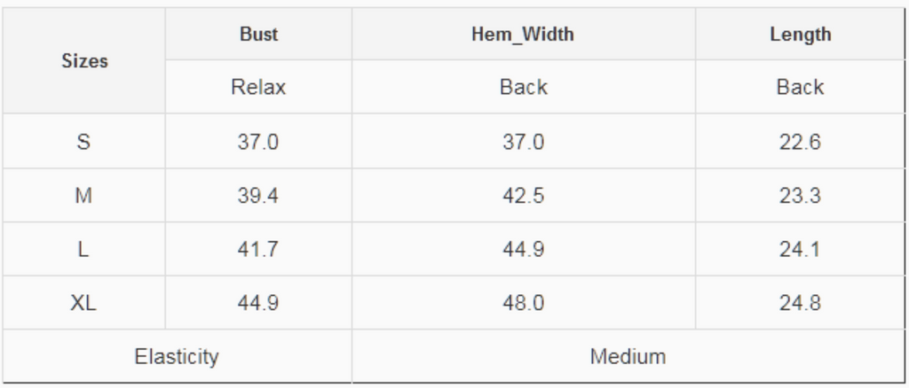 Size Chart for Faux-Leather Racerback Tank Top