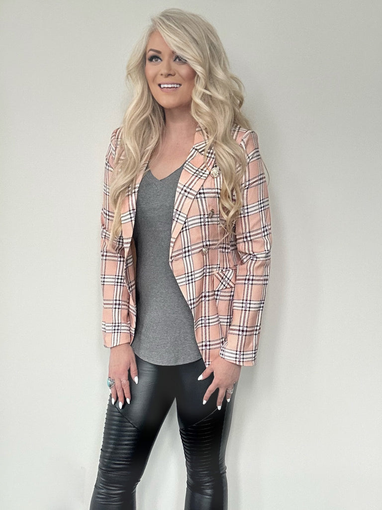 Peachy Coloured Plaid Double Breasted Blazer.