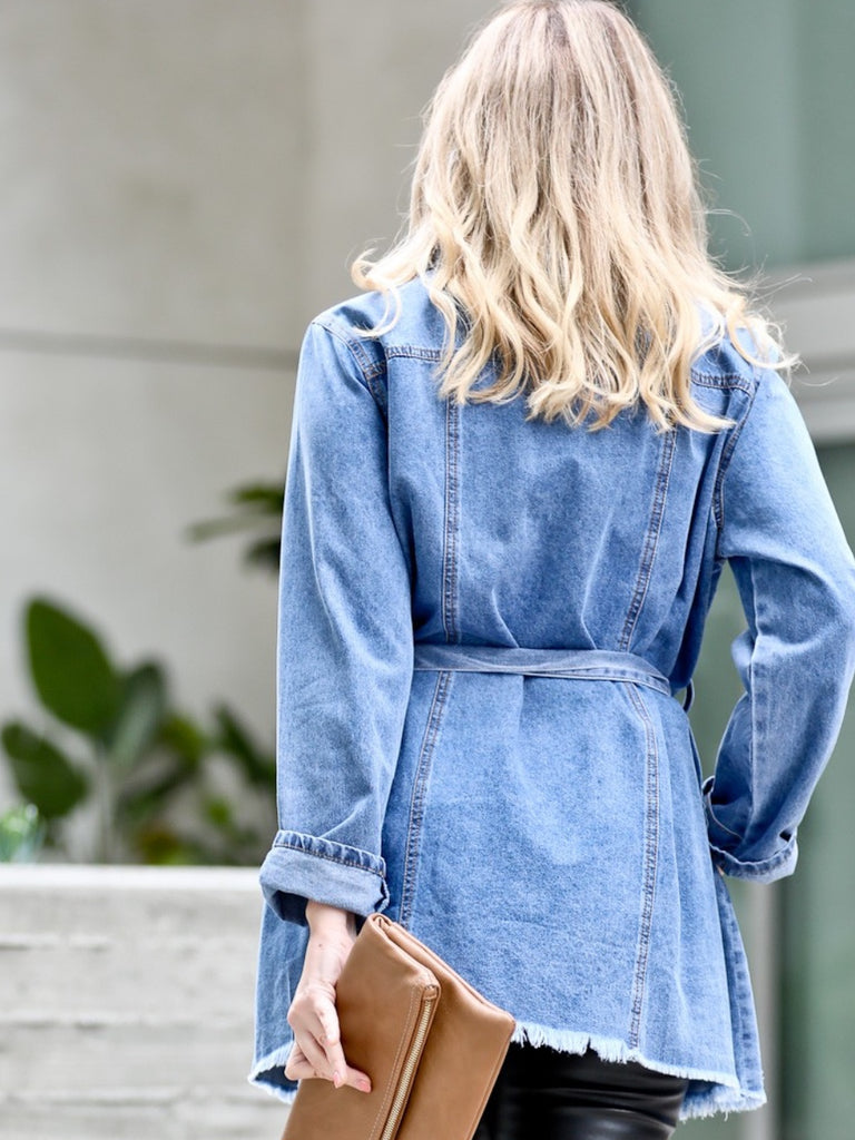 Distressed, Waist belted ,double button, fringe hemming, and vintage washed look Denim Jacket.