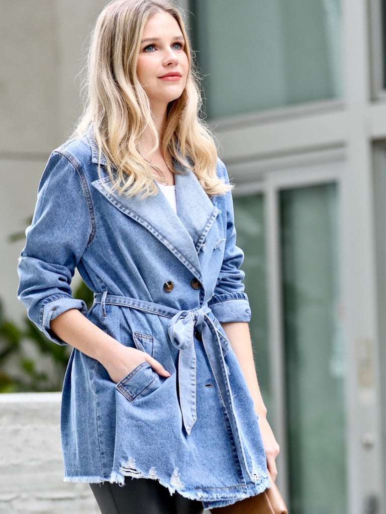 Distressed, Waist belted  ,double button, fringe hemming, and vintage washed look Denim Jacket.