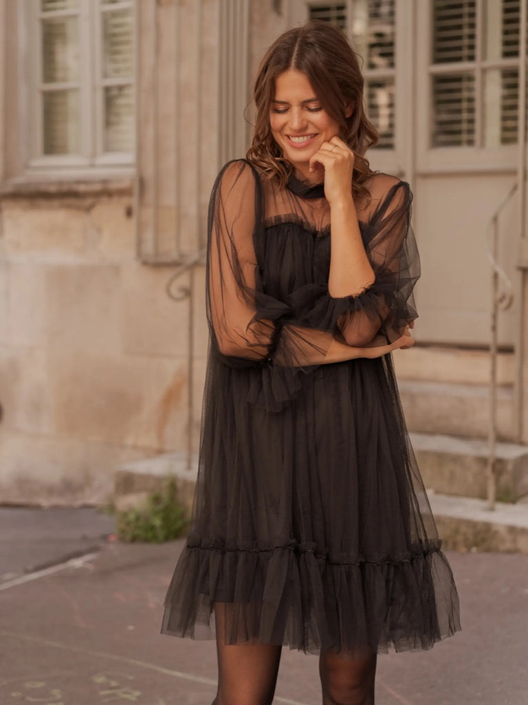 Dress to empress in this Black  Bardot Tulle Mini Dress .