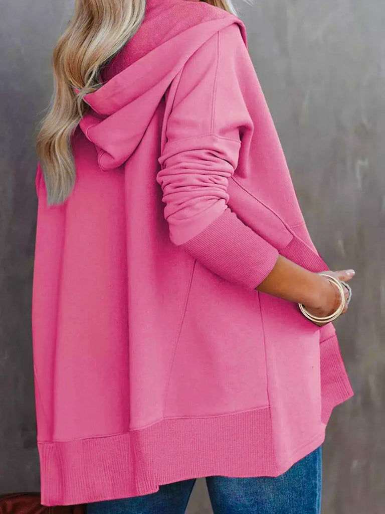 Pink, Oversized Henley Hoodie with Front snaps, ribbed cuffs with long sleeves and convenient pockets.