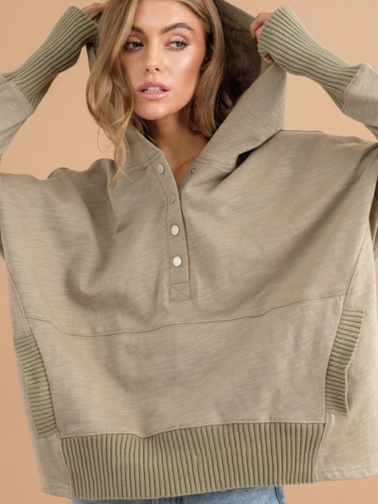 Sage Colour Oversized Henley Hoodie with Front snaps, ribbed cuffs with long sleeves and convenient pockets.