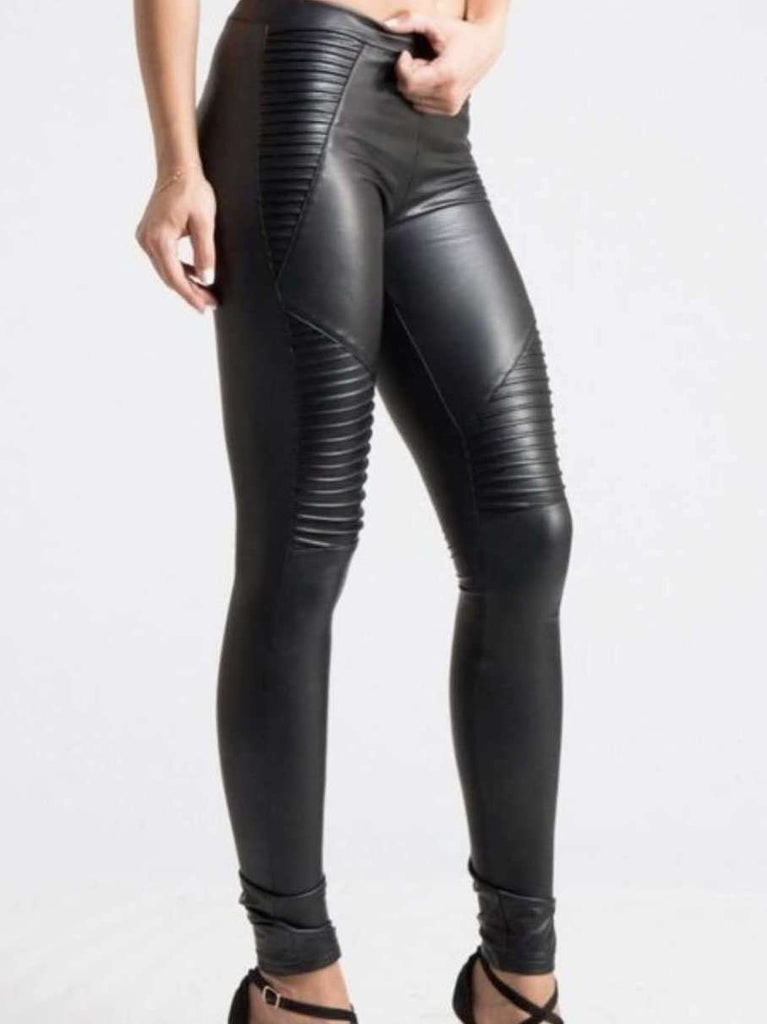 Black Faux -Leather Moto Style Ribbing on Leg, Elastic Waist Leggings.