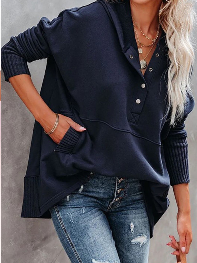 Navy Oversized Henley Hoodie with Front snaps, ribbed cuffs with long sleeves and convenient pockets.