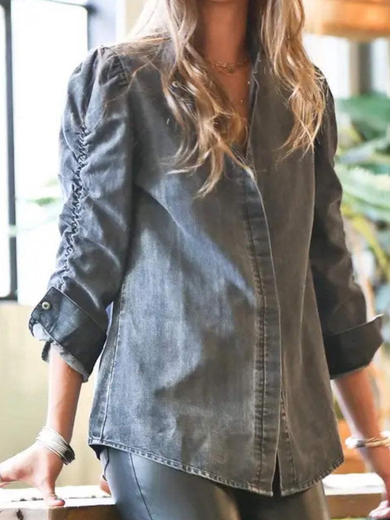 Black Denim Ruched Sleeve Top with 3/4 sleeves with button detail that never goes out of style. 