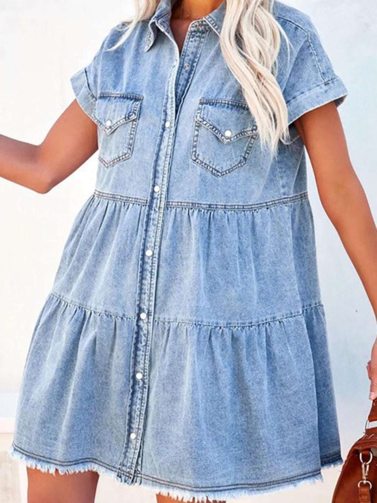 Denim Dress, with Tiered Style Button Down Front , Raw Hem , and Short Sleeves with 2 Front Pockets.