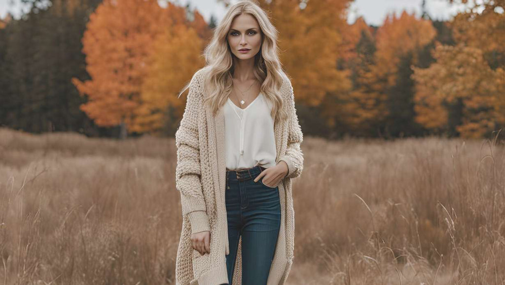 FALL FASHION feature blog post with a model wearing an oversized sweater layered on cardigan, dark jeans, tall boots, and boho accessories.