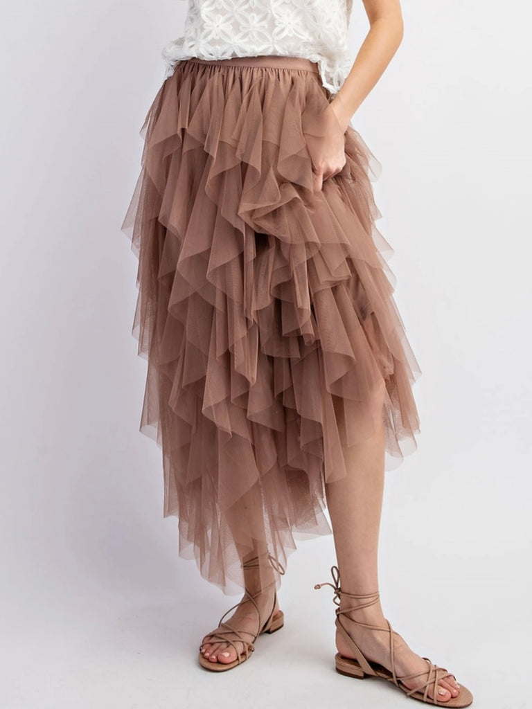  Mocha  Colour ,High Waist  Tulle Maxi Skirt, with multi-layered tulle mesh that creates a whimsical, cascading effect and its perfectly lined with a shorter inner skirt for modesty.