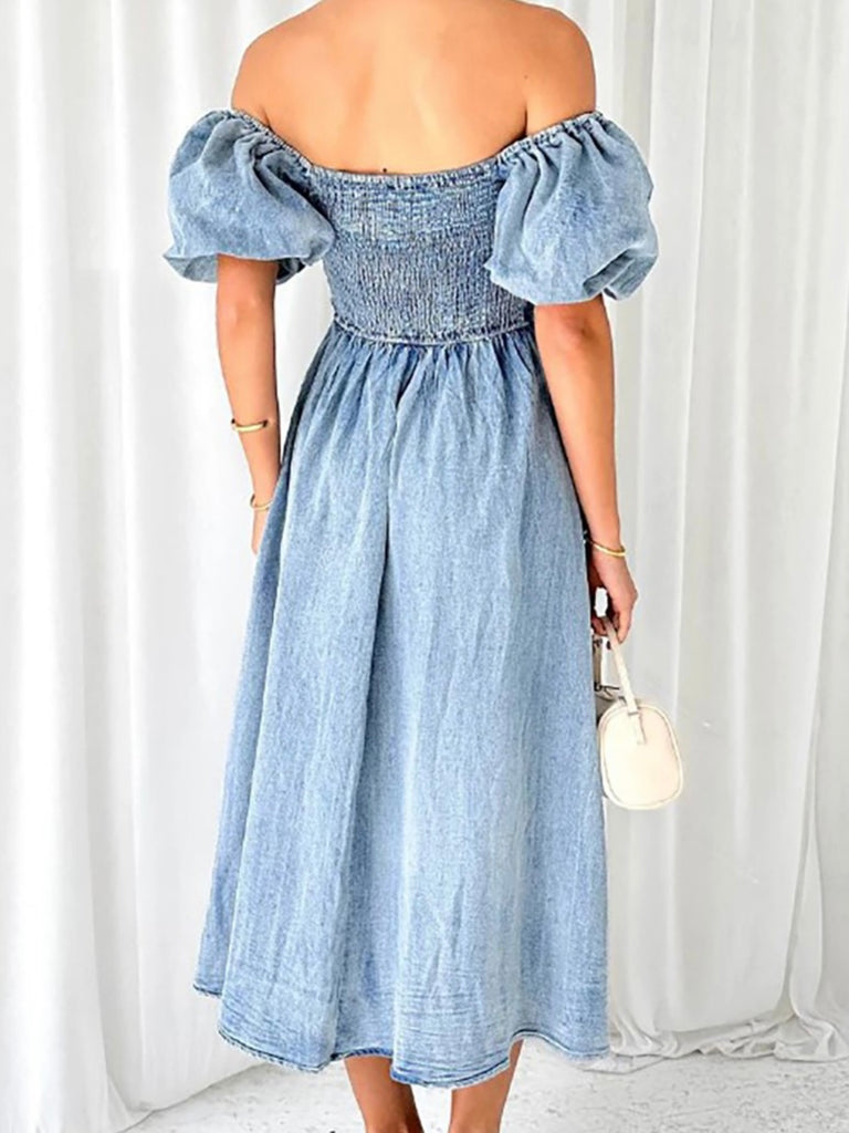 The Smocked Back Top adds a touch of Boho  fashion to this Long Deirdre Denim Dress , and puffy sleeves add a touch of whimsy. 