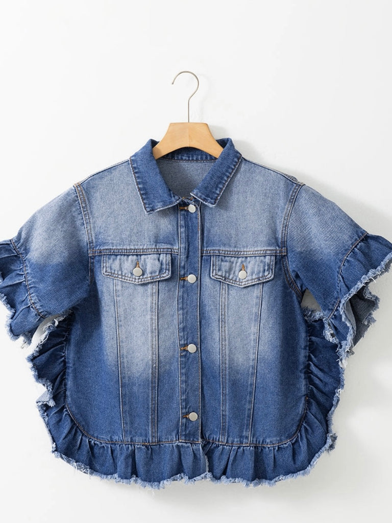 Ruffled  Hem Jean Jacket with durable denim fabric ruffled sleeves and raw edge add a touch of modernity.